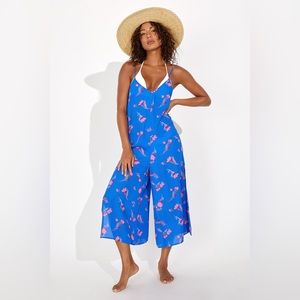 NWT - Tropical Time Colbalt Blue Floral Print Swim Cover-Up Jumpsuit
